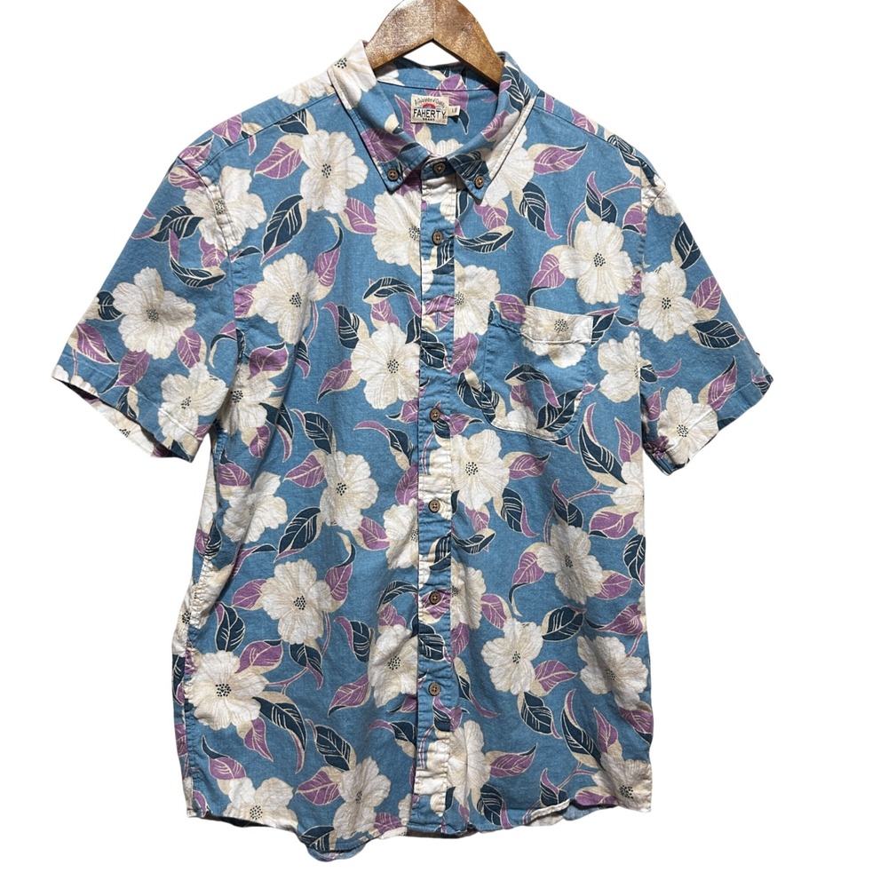 Faherty Men Hemp Tencel Floral Button Down Shirt L Blue Hawaiian Tropical Resort